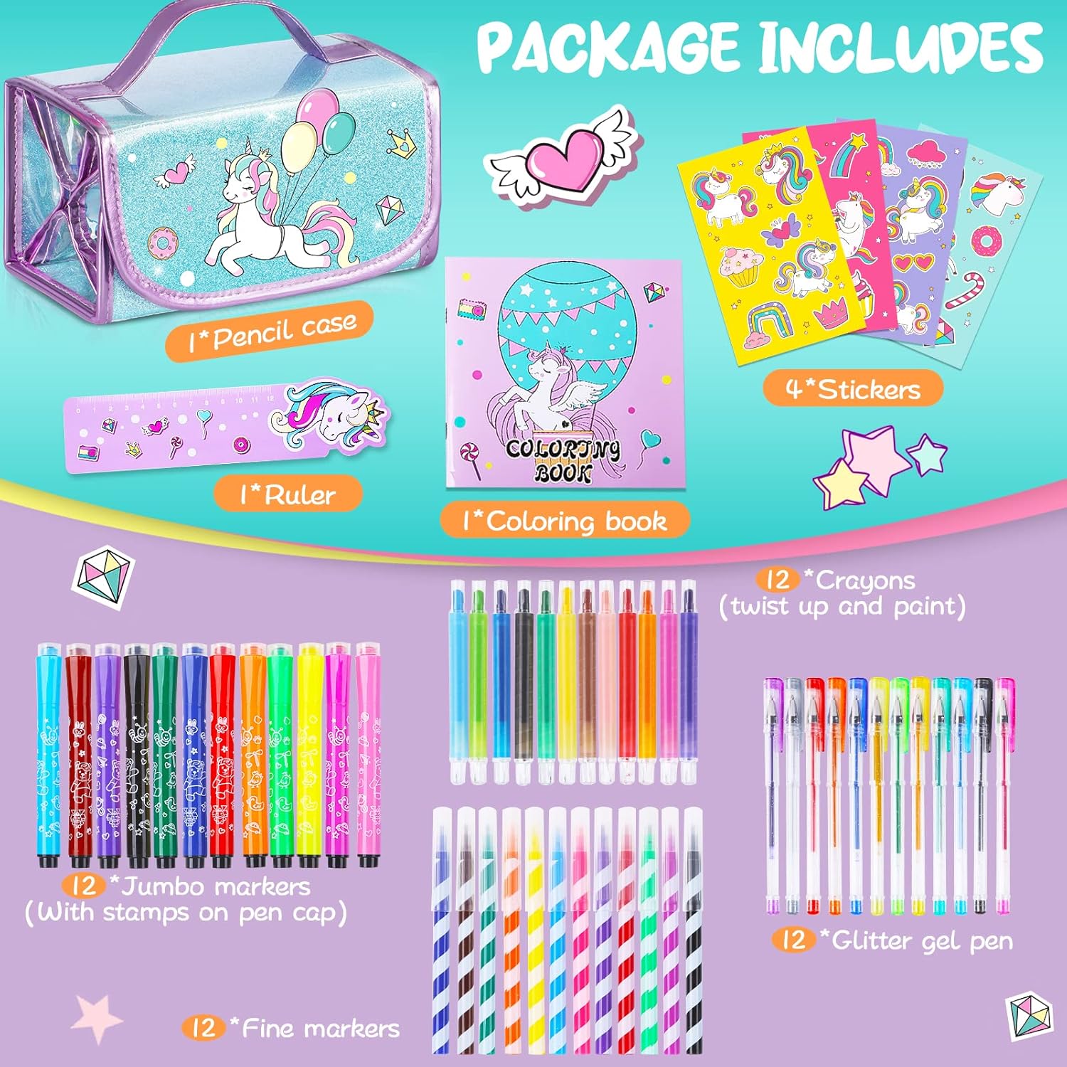 Washable Markers Set with Glitter Unicorn Pencil Case, Art Supplies for Kids Ages 4 5 6 7 8 Years Old, Arts Crafts Coloring Set with Crayon Pencil Gel Pen, Unicorn Toy Birthday Gift for Girls 4-6-8-10